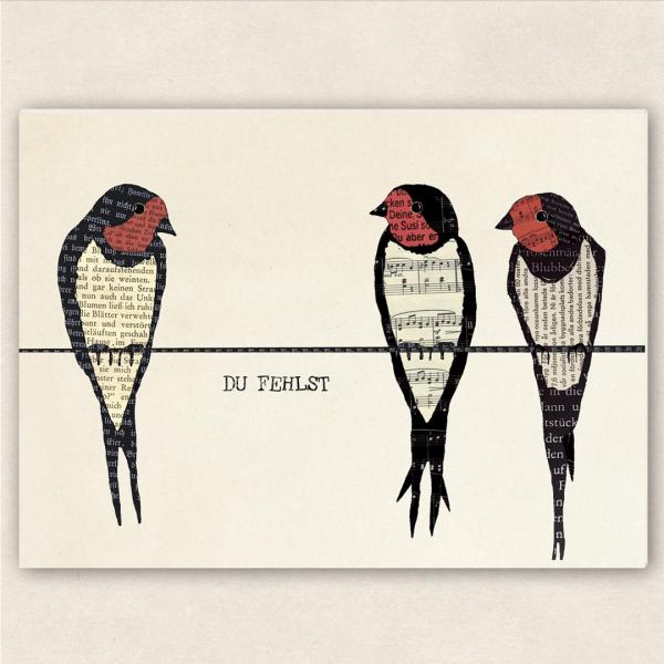 fette Karte  „Du fehlst“ – drei Rauchschwalben – Karte für Abschied, Trauer oder Ruhestand